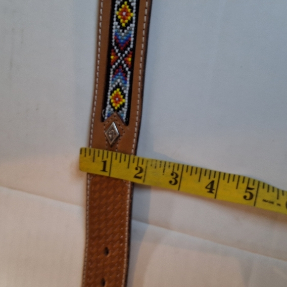 Hand Tooled Beaded Leather Belt with Brass Buckle M main image 6